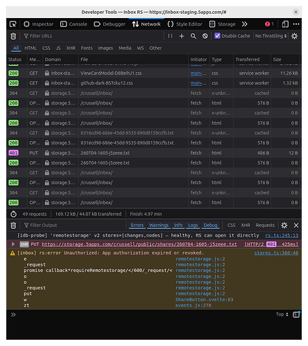 Network inspector showing a 401 for a PUT to a scope without write access and the same error logged to the console by remotestorage.js