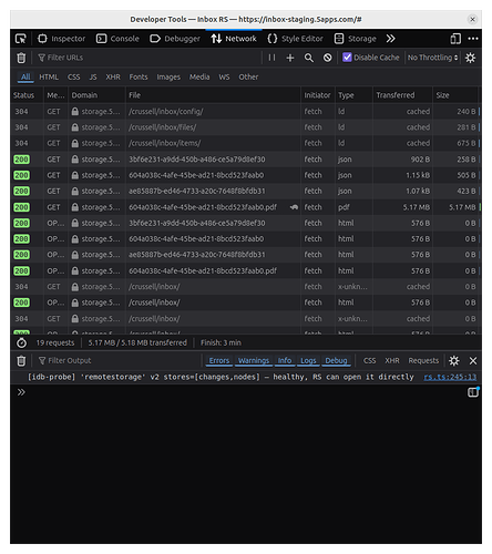 Network Requests for all four items on app load, including a 5+ MB PDF